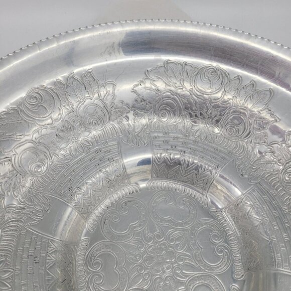 Vtg Hand Wrought Aluminum Serving Bowl Floral Roses Embossed Wilson Specialties - Picture 5 of 16